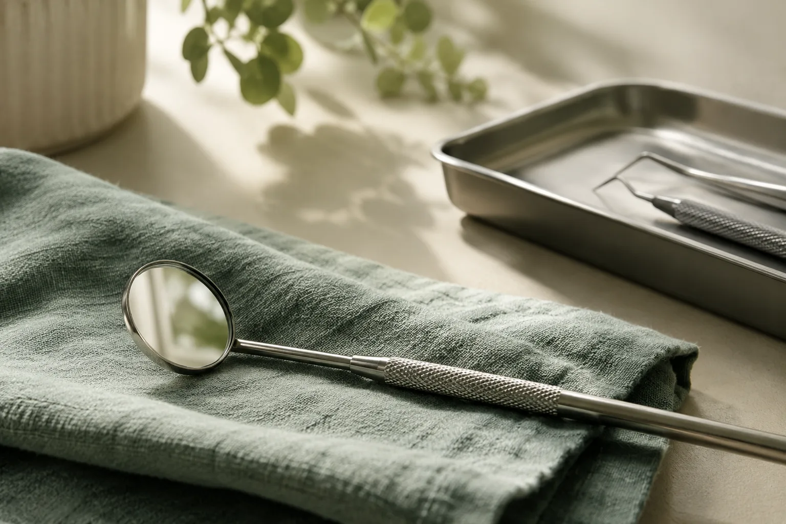 Illustrative photograph of a dental mirror on soft sage linen